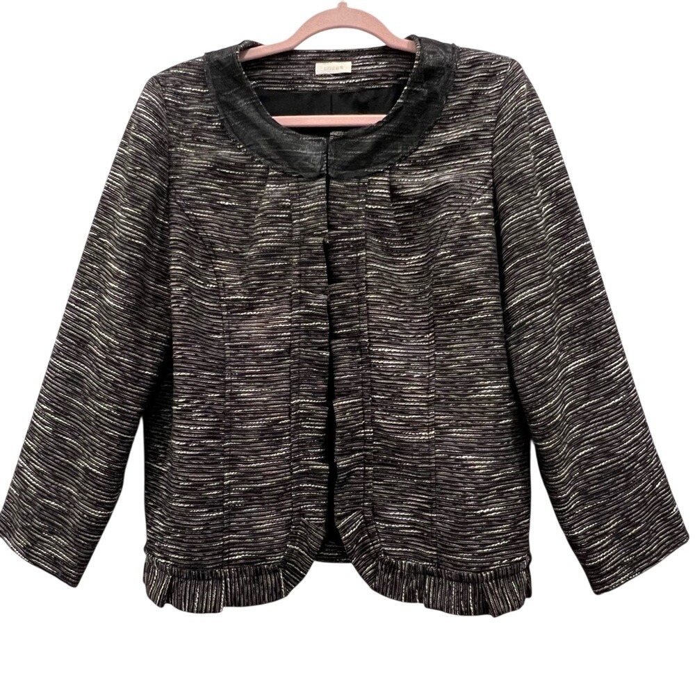 Chico's Size 2 L Jacket Womens Black White Textured Metallic Ruffle Hem Blazer